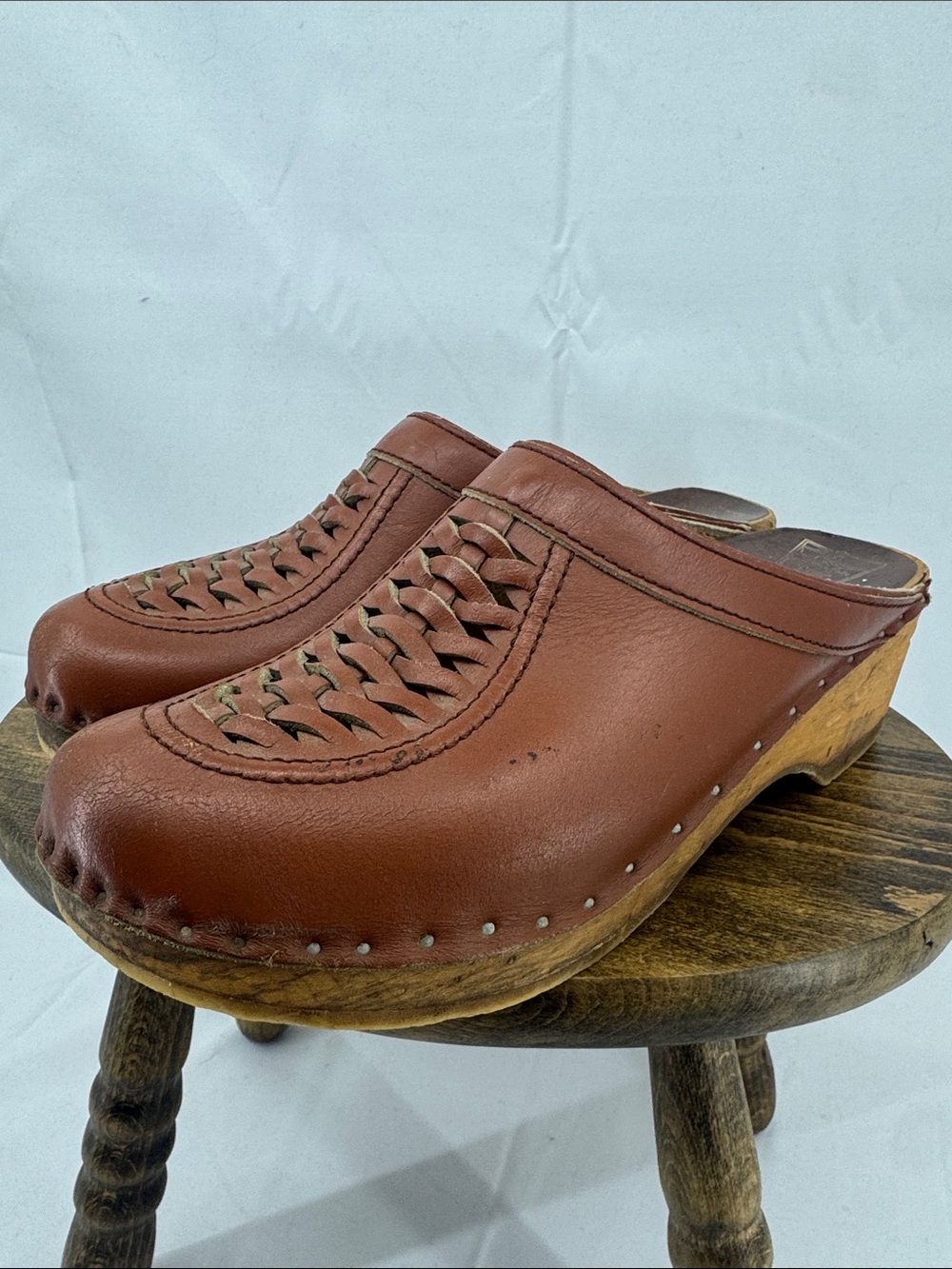 Vintage 70s Bastad Toffeln Original Brown Woven Leather Swedish Wood Clogs, 39